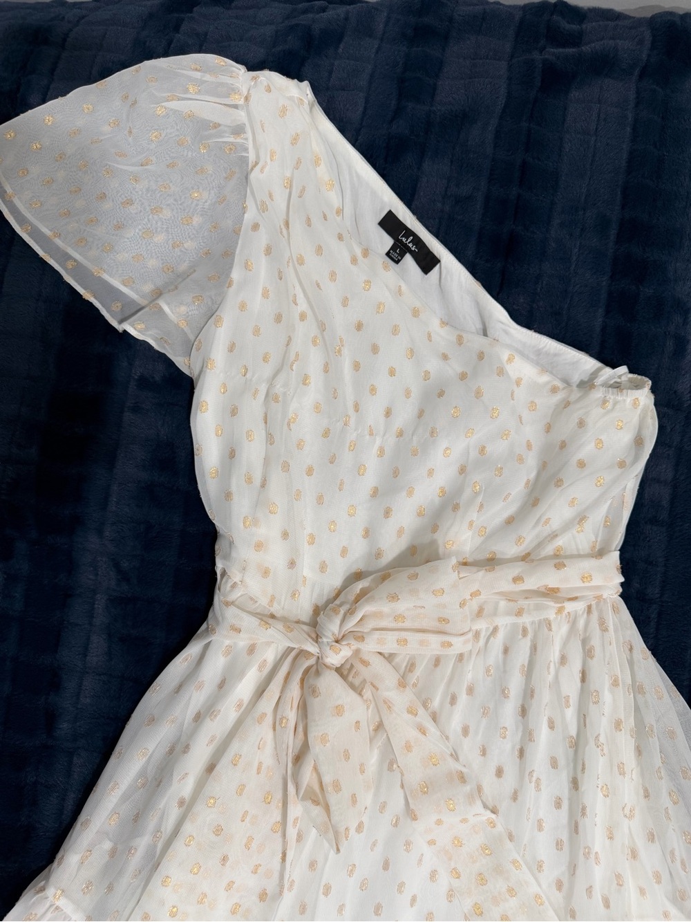 Lulu's Ivory One-Shoulder Dress with Gold Dot Detail